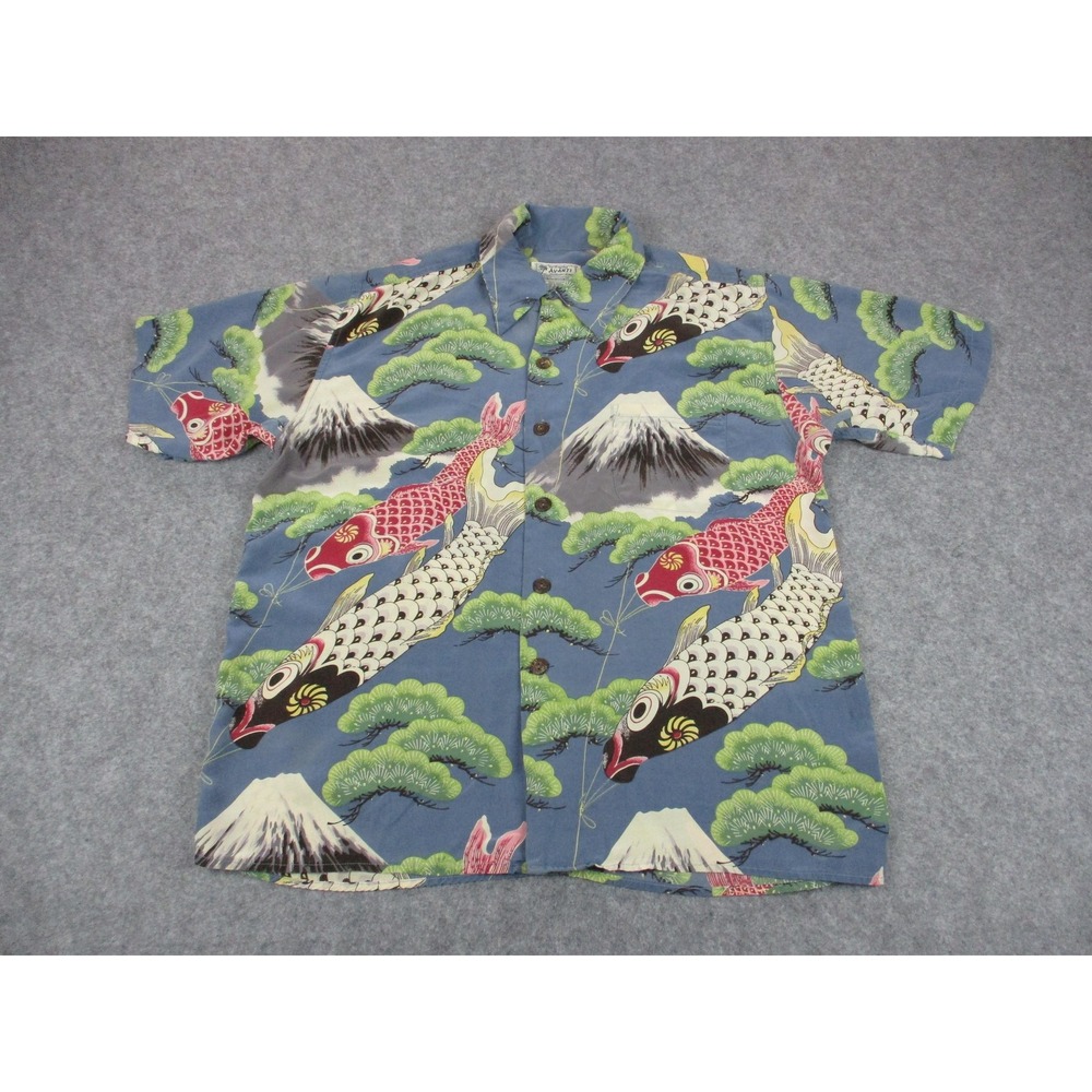 Avanti Shirt Mens Medium Blue Silk Koi Fish Kite Print Hawaiian Button Up Camp